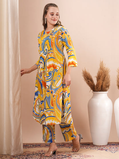 Abstract Printed A-Line Pin Tucked Co-ord Set - Yellow