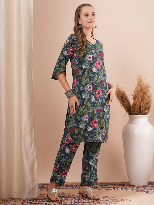 Abstract Floral Printed Straight Fit Co-ord Set - Teal Green