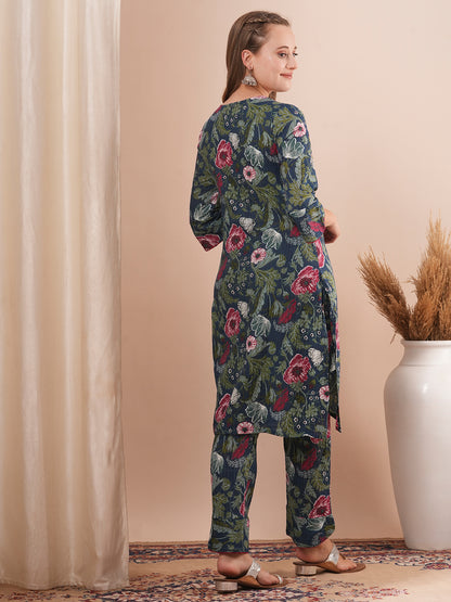 Abstract Floral Printed Straight Fit Co-ord Set - Teal Green