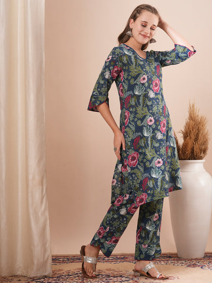 Abstract Floral Printed Straight Fit Co-ord Set - Teal Green