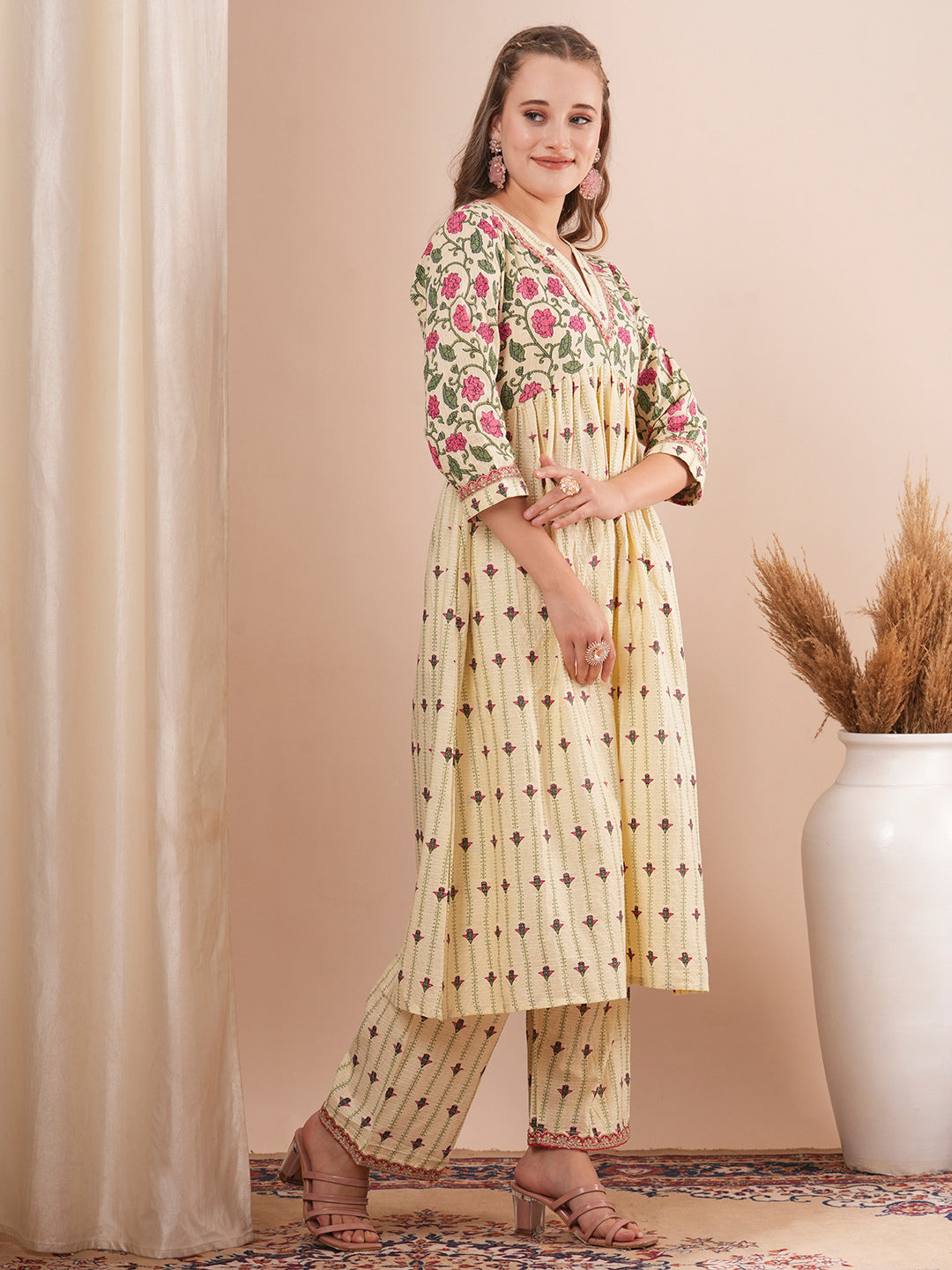 Ethnic Floral Printed A-Line Pleated Kurta with Palazzo - Cream