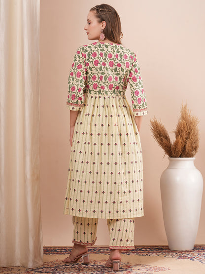 Ethnic Floral Printed A-Line Pleated Kurta with Palazzo - Cream