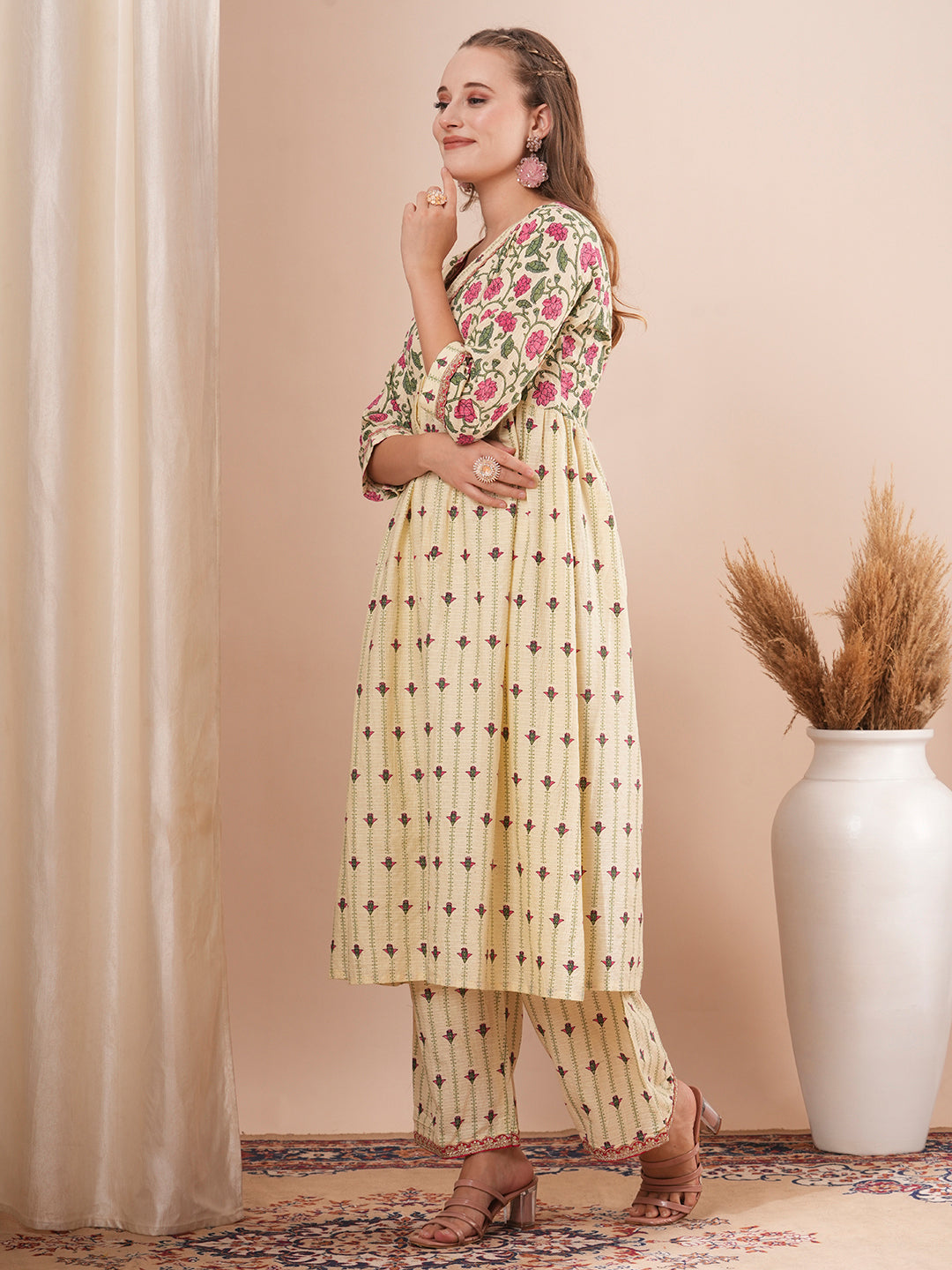 Ethnic Floral Printed A-Line Pleated Kurta with Palazzo - Cream