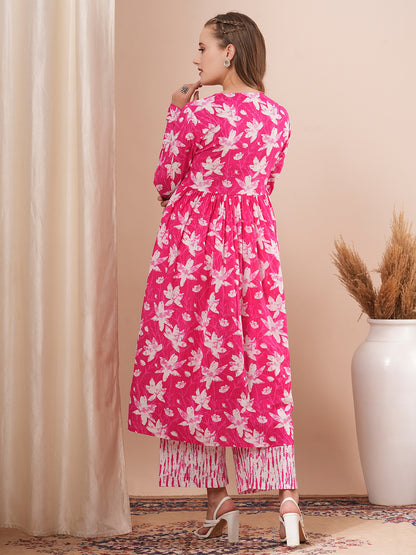 Abstract Floral Printed & Embroidered A-Line Pleated Kurta with Palazzo - Pink