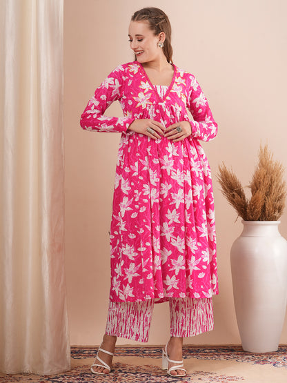 Abstract Floral Printed & Embroidered A-Line Pleated Kurta with Palazzo - Pink