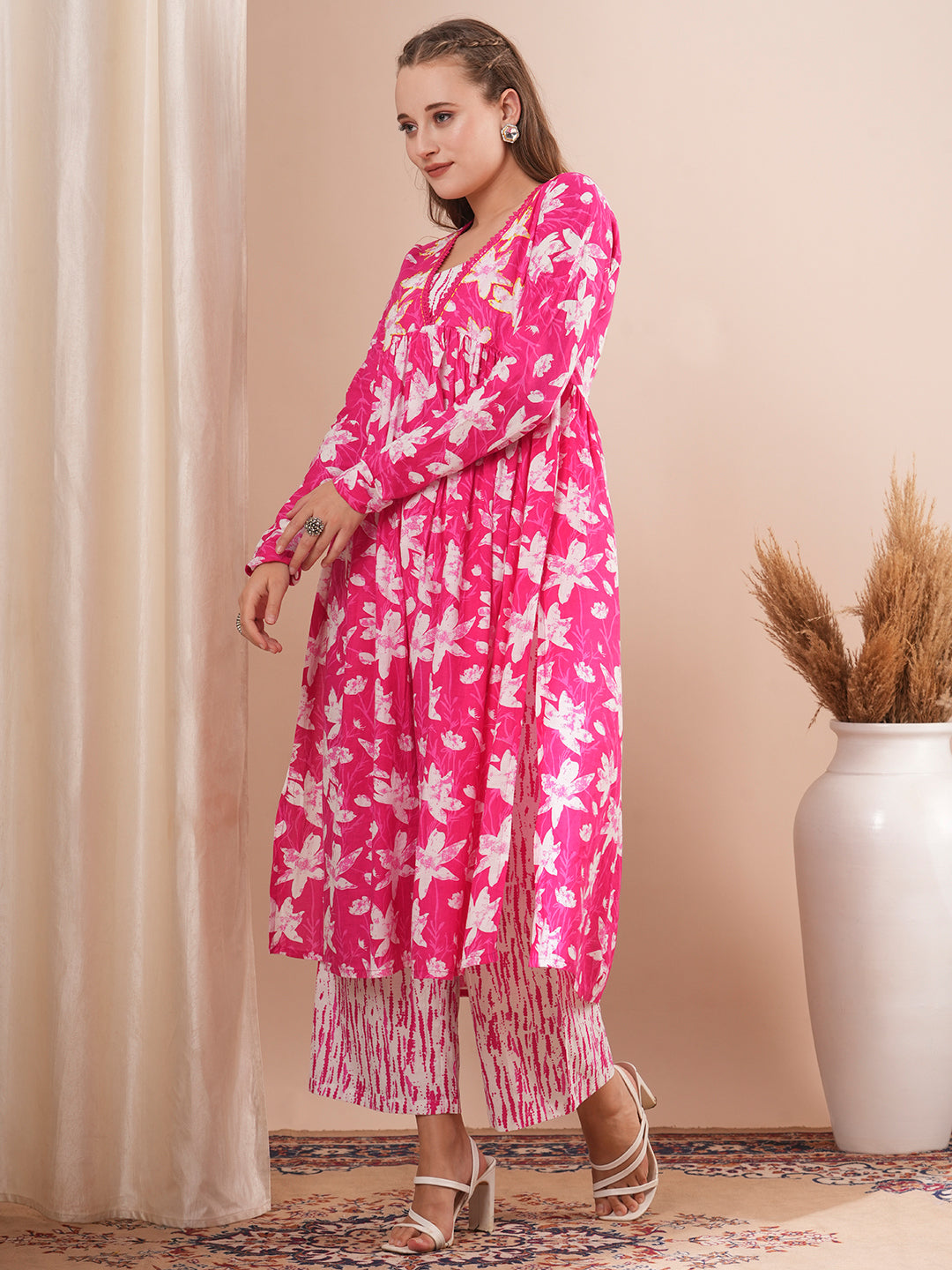 Abstract Floral Printed & Embroidered A-Line Pleated Kurta with Palazzo - Pink