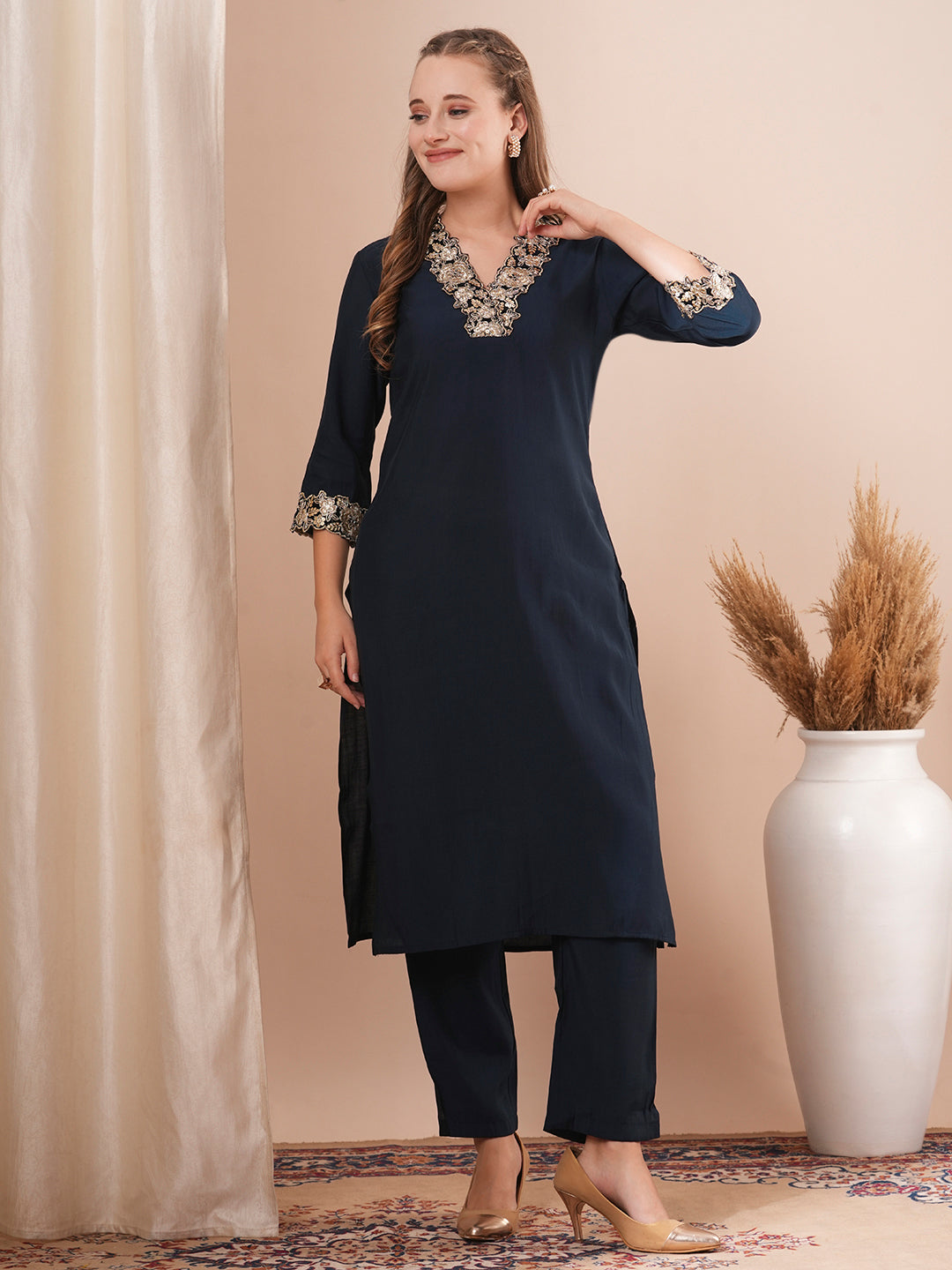 Solid Ethnic Sequin & Zari Embroidered Straight Fit Co-ord Set - Blue