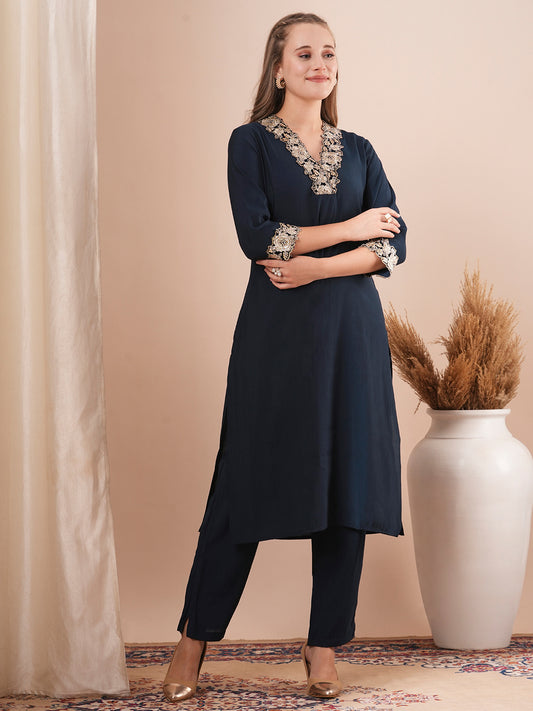 Solid Ethnic Sequin & Zari Embroidered Straight Fit Co-ord Set - Blue