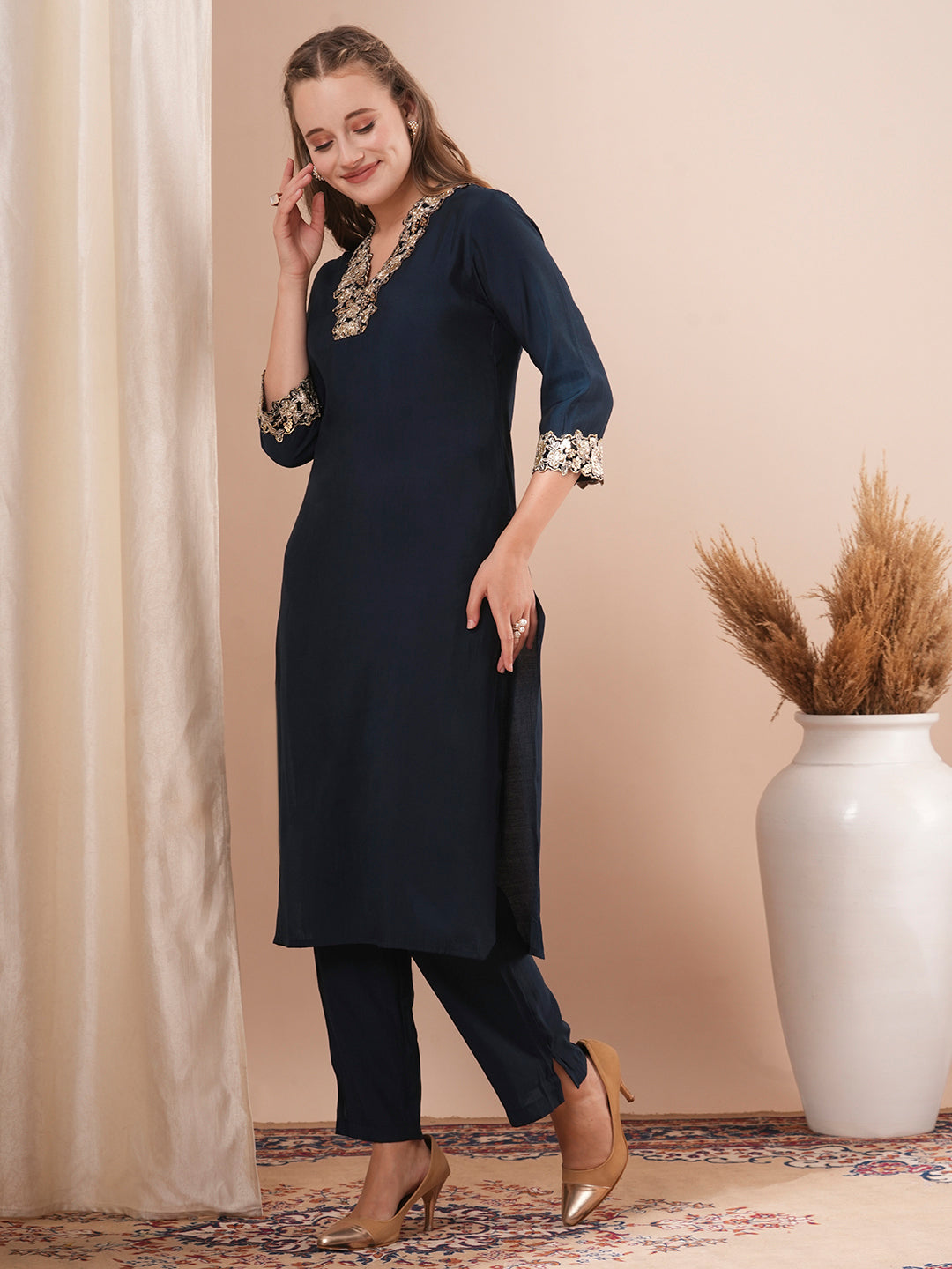 Solid Ethnic Sequin & Zari Embroidered Straight Fit Co-ord Set - Blue