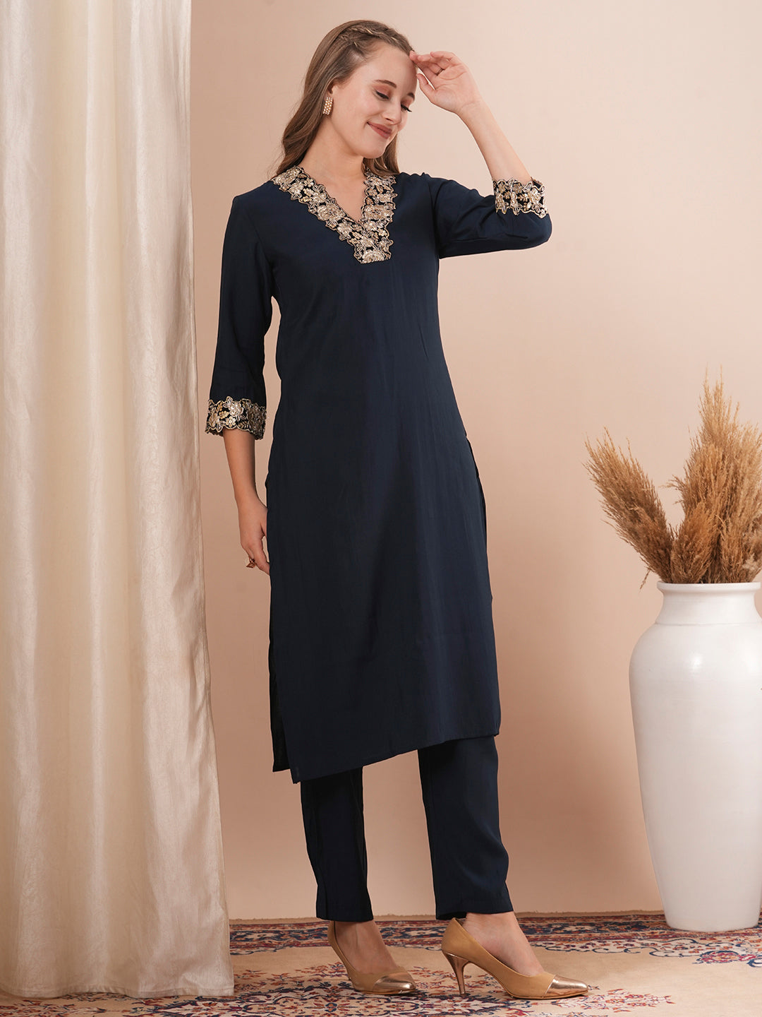 Solid Ethnic Sequin & Zari Embroidered Straight Fit Co-ord Set - Blue