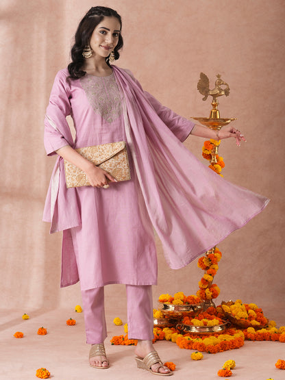 Solid Floral Embroidered Straight Fit Kurta with Pant and Floral Printed Dupatta - Pink