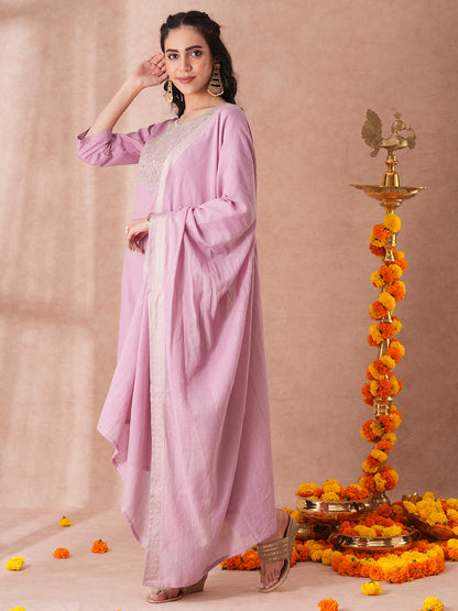 Solid Floral Embroidered Straight Fit Kurta with Pant and Floral Printed Dupatta - Pink