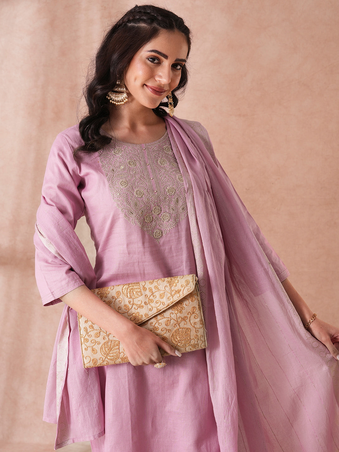 Solid Floral Embroidered Straight Fit Kurta with Pant and Floral Printed Dupatta - Pink