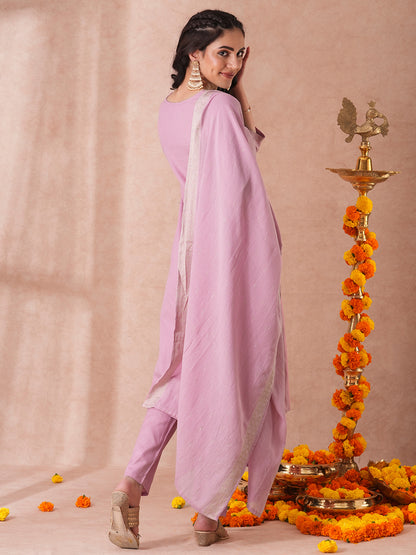 Solid Floral Embroidered Straight Fit Kurta with Pant and Floral Printed Dupatta - Pink