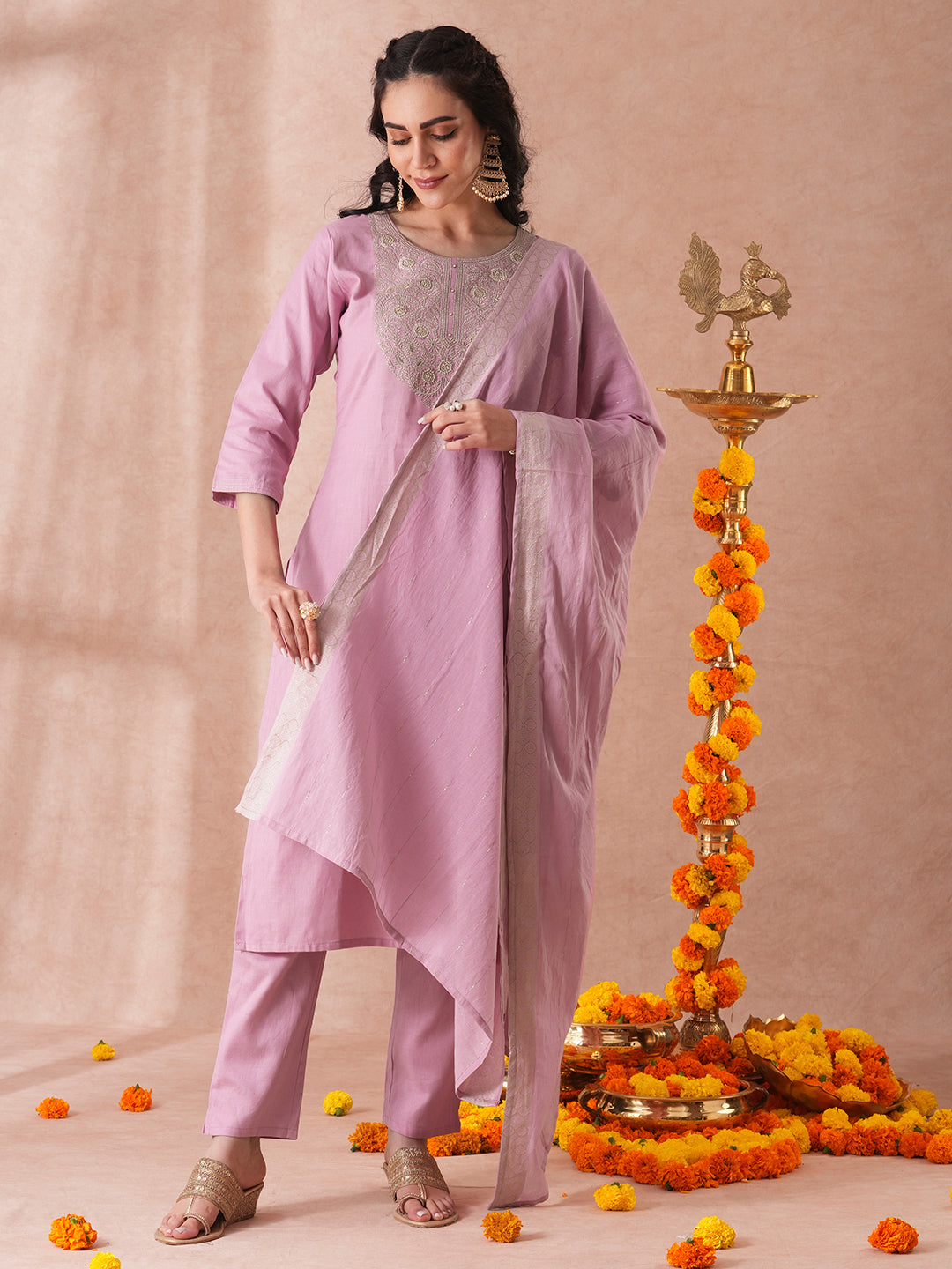 Solid Floral Embroidered Straight Fit Kurta with Pant and Floral Printed Dupatta - Pink