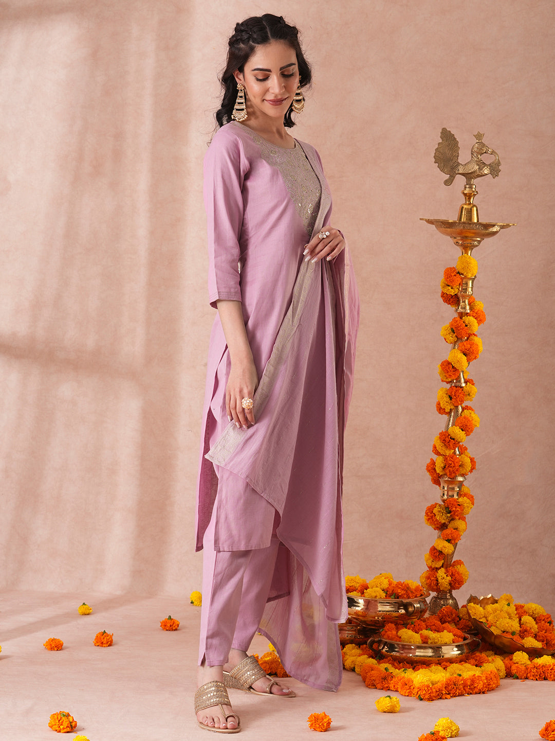 Solid Floral Embroidered Straight Fit Kurta with Pant and Floral Printed Dupatta - Pink