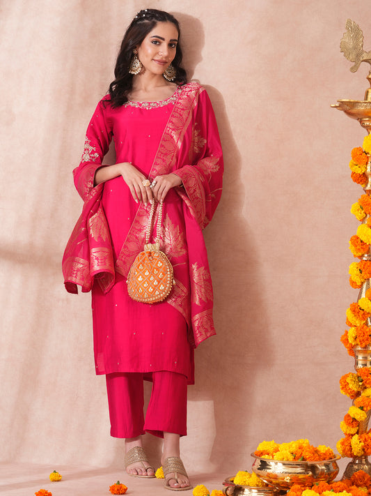 Solid Hand Embroidered Straight Fit Kurta with Pant Jacquard Dupatta - Pink