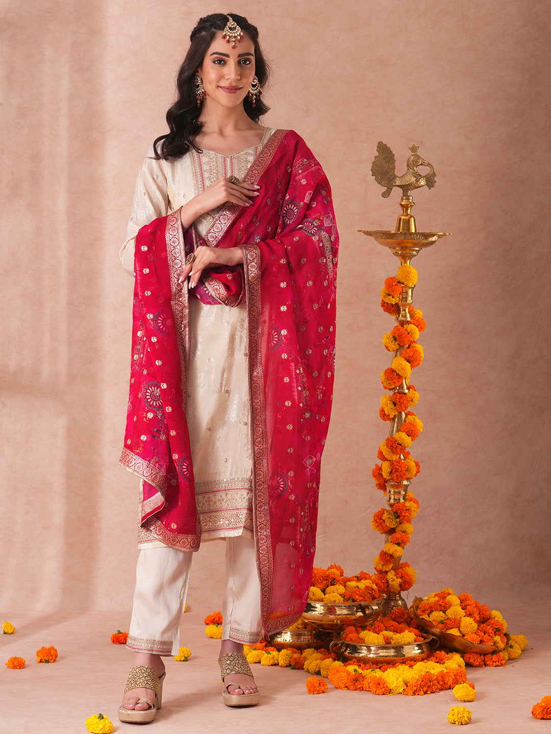 Solid Sequin Embroidered Jacquard Straight Fit Kurta with Pant and Printed Dupatta - Cream