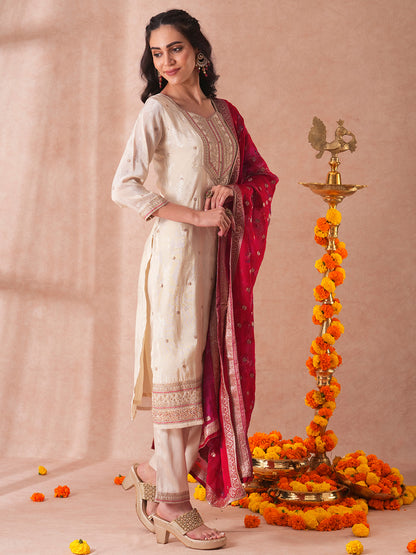 Solid Sequin Embroidered Jacquard Straight Fit Kurta with Pant and Printed Dupatta - Cream