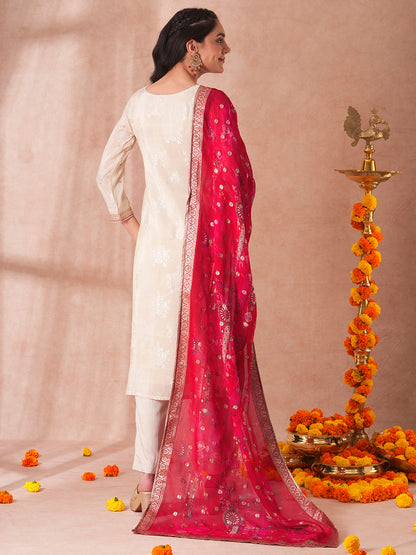 Solid Sequin Embroidered Jacquard Straight Fit Kurta with Pant and Printed Dupatta - Cream