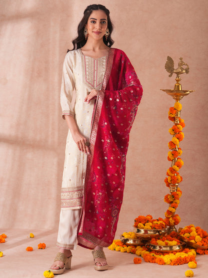 Solid Sequin Embroidered Jacquard Straight Fit Kurta with Pant and Printed Dupatta - Cream