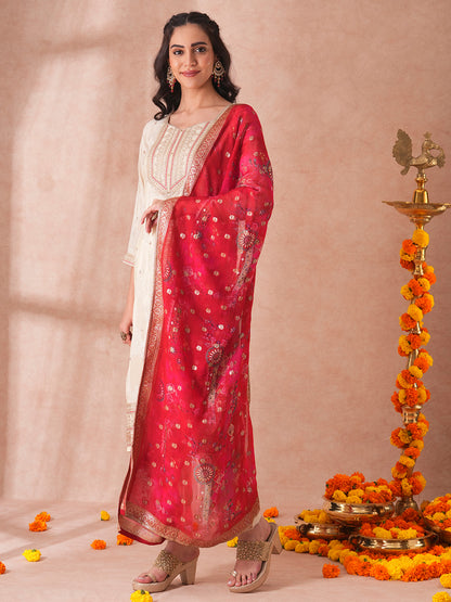 Solid Sequin Embroidered Jacquard Straight Fit Kurta with Pant and Printed Dupatta - Cream