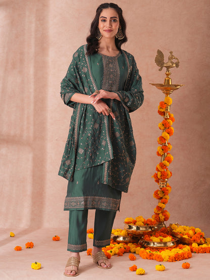 Solid Ethnic Embroidered Straight Fit Kurta with Pant and Dupatta - Green