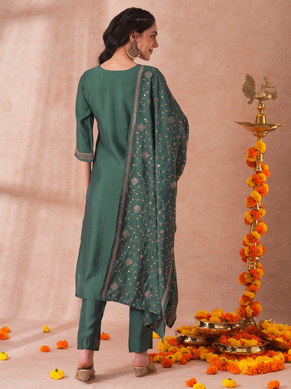 Solid Ethnic Embroidered Straight Fit Kurta with Pant and Dupatta - Green