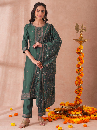 Solid Ethnic Embroidered Straight Fit Kurta with Pant and Dupatta - Green