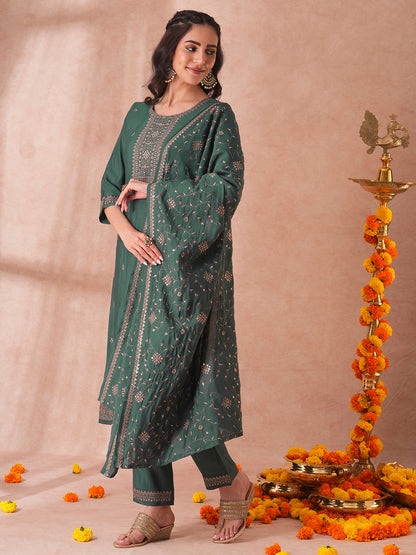 Solid Ethnic Embroidered Straight Fit Kurta with Pant and Dupatta - Green