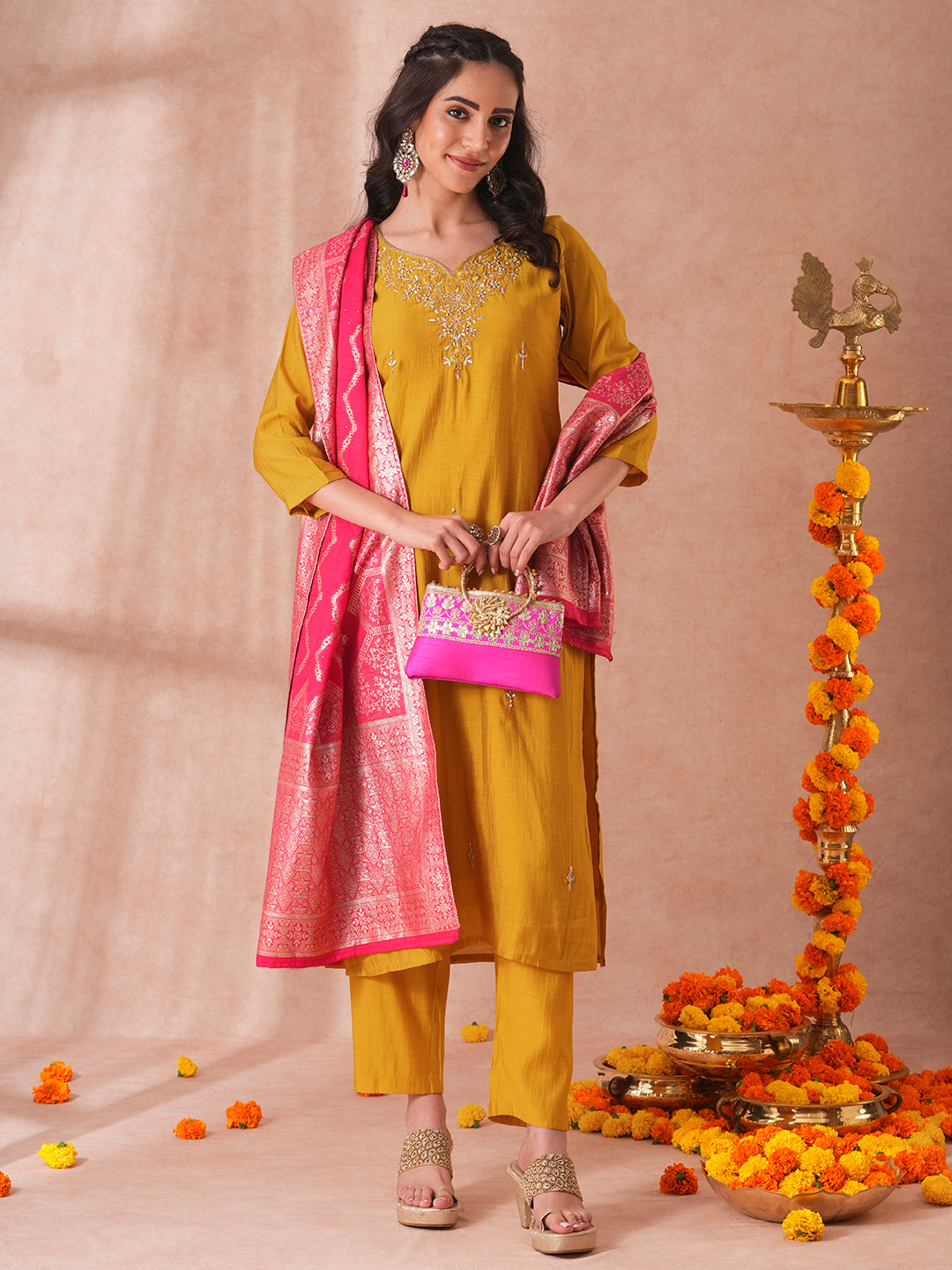 Solid Floral Hand Embroidered Straight Fit Kurta with Pant and Woven Dupatta - Yellow