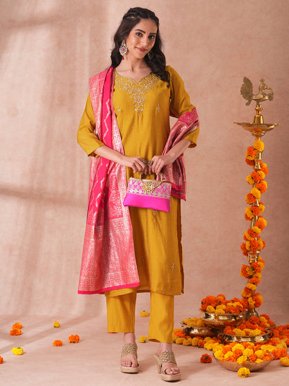 Solid Floral Hand Embroidered Straight Fit Kurta with Pant and Woven Dupatta - Yellow