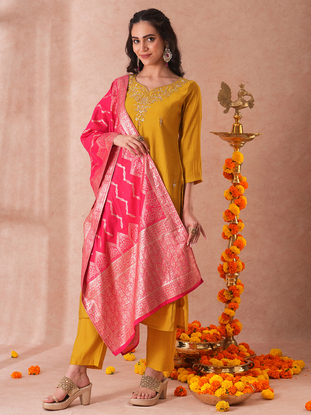 Solid Floral Hand Embroidered Straight Fit Kurta with Pant and Woven Dupatta - Yellow