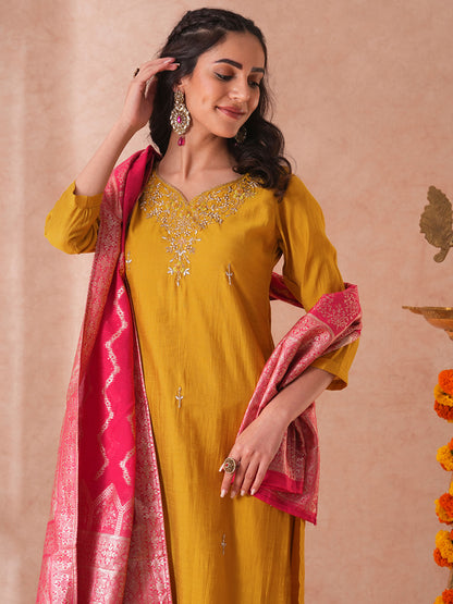 Solid Floral Hand Embroidered Straight Fit Kurta with Pant and Woven Dupatta - Yellow