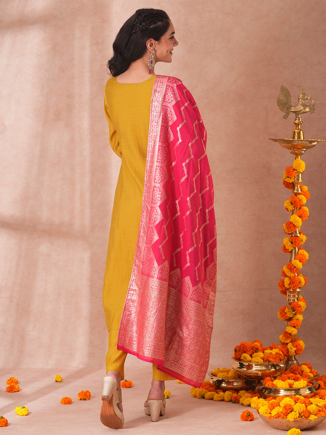 Solid Floral Hand Embroidered Straight Fit Kurta with Pant and Woven Dupatta - Yellow