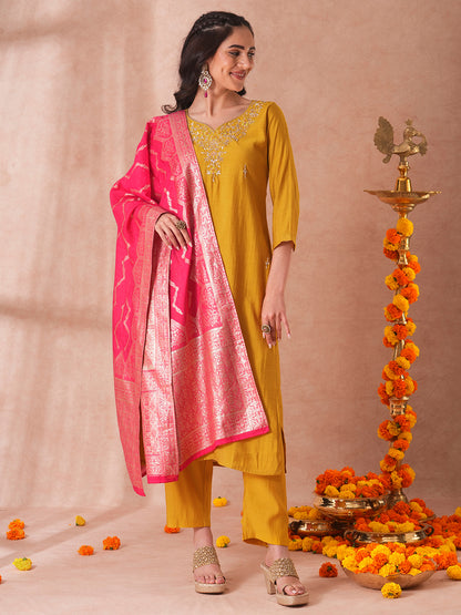 Solid Floral Hand Embroidered Straight Fit Kurta with Pant and Woven Dupatta - Yellow