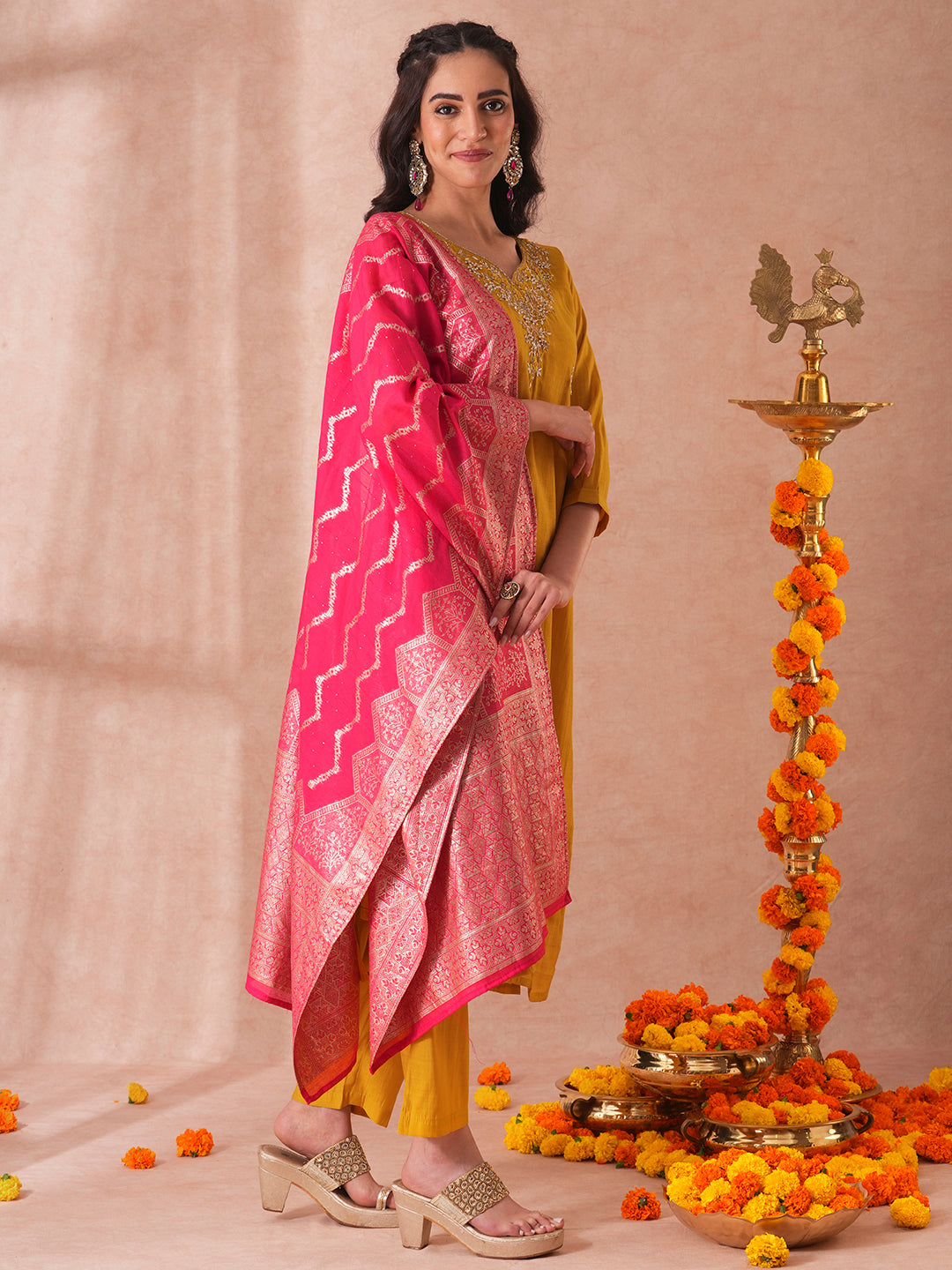 Solid Floral Hand Embroidered Straight Fit Kurta with Pant and Woven Dupatta - Yellow