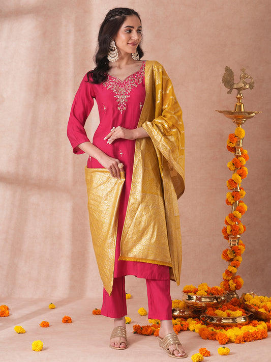 Solid Floral Hand Embroidered Straight Fit Kurta with Pant and Woven Dupatta - Ruby Pink