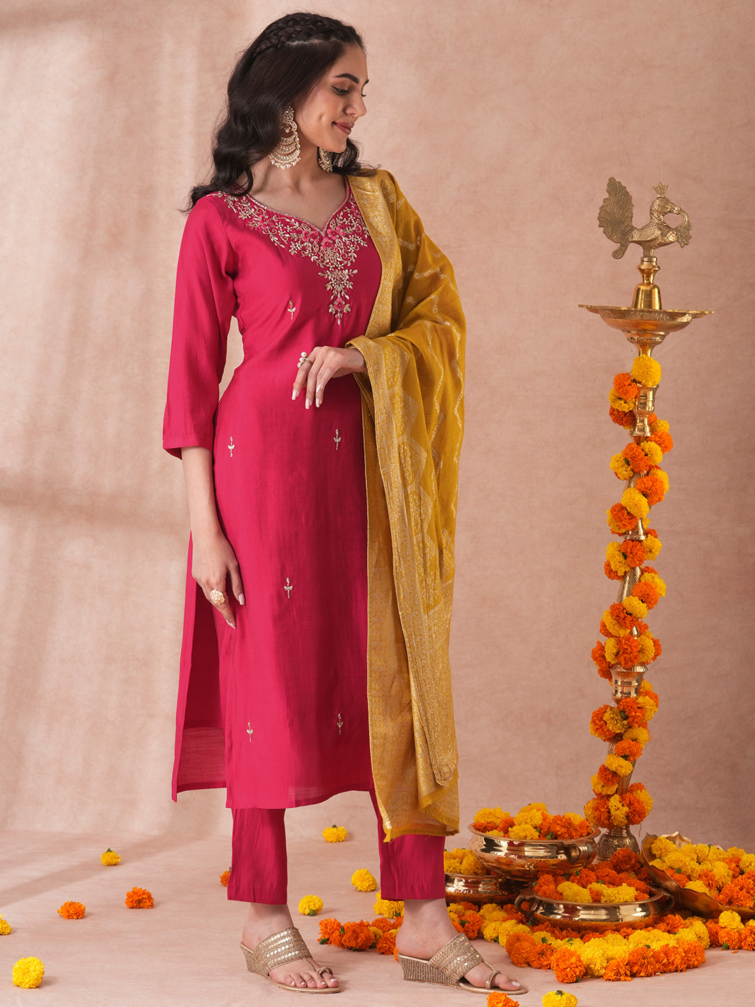 Solid Floral Hand Embroidered Straight Fit Kurta with Pant and Woven Dupatta - Ruby Pink