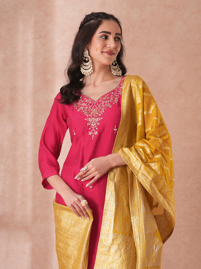 Solid Floral Hand Embroidered Straight Fit Kurta with Pant and Woven Dupatta - Ruby Pink