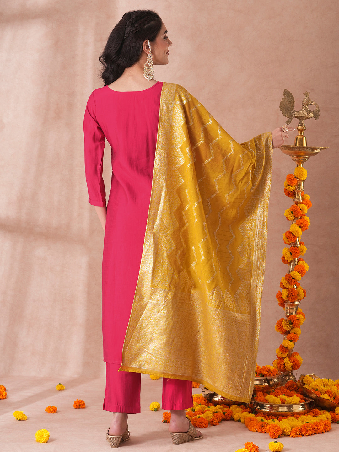 Solid Floral Hand Embroidered Straight Fit Kurta with Pant and Woven Dupatta - Ruby Pink