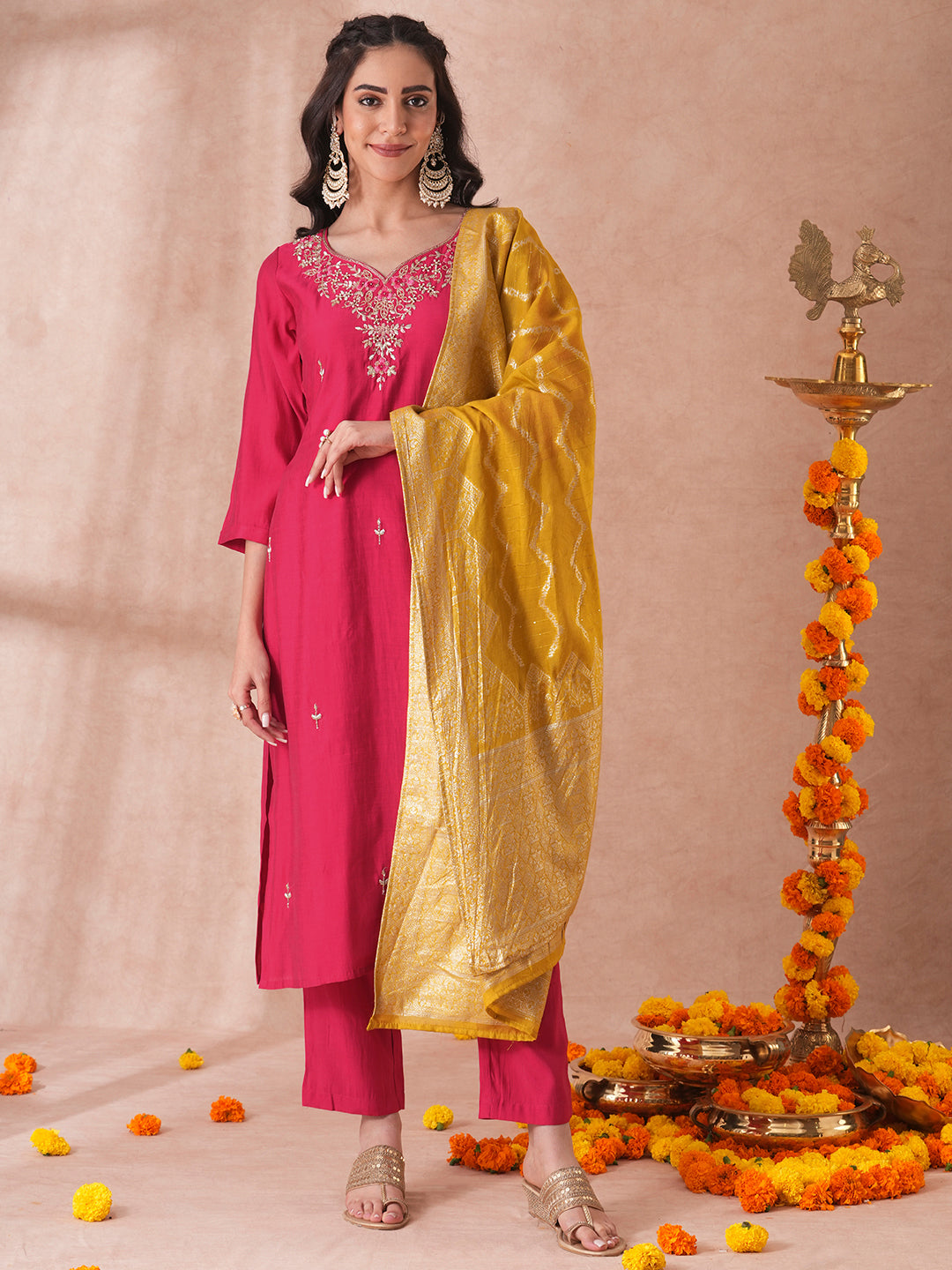 Solid Floral Hand Embroidered Straight Fit Kurta with Pant and Woven Dupatta - Ruby Pink