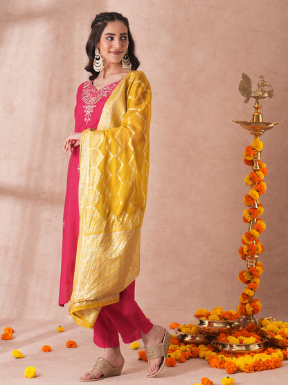 Solid Floral Hand Embroidered Straight Fit Kurta with Pant and Woven Dupatta - Ruby Pink