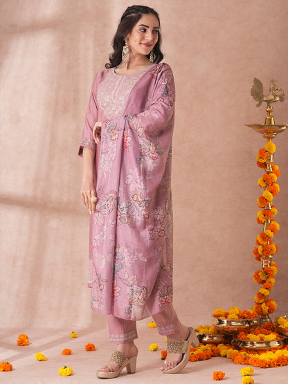 Solid Floral Embroidered Straight Fit Kurta with Pant and Floral Printed Dupatta - Rose Gold