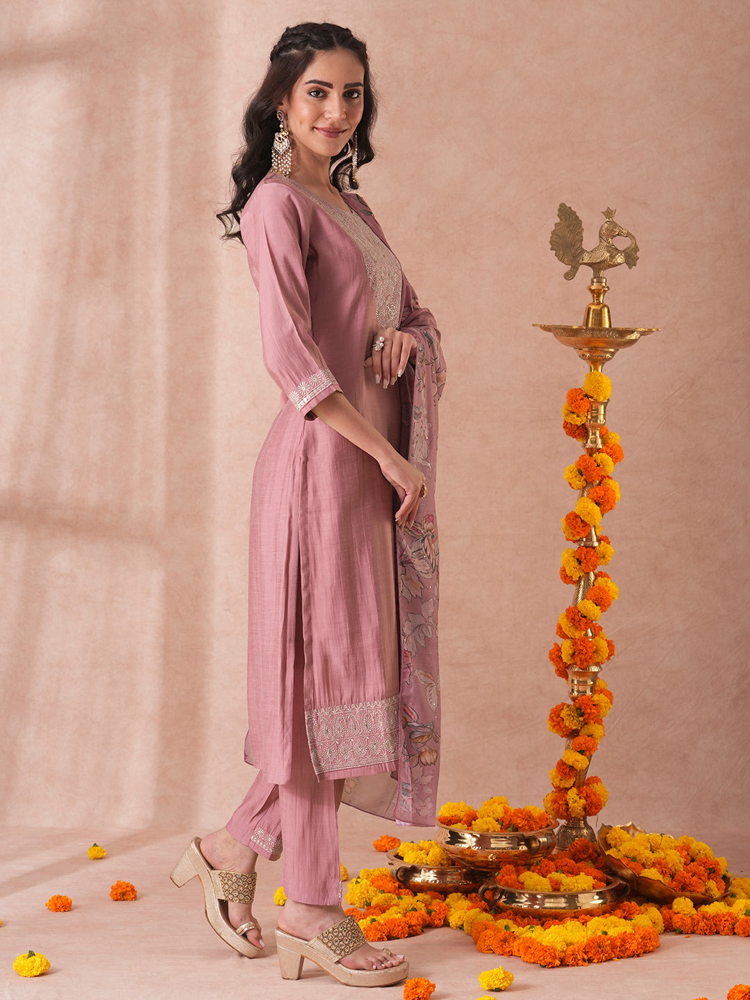 Solid Floral Embroidered Straight Fit Kurta with Pant and Floral Printed Dupatta - Rose Gold