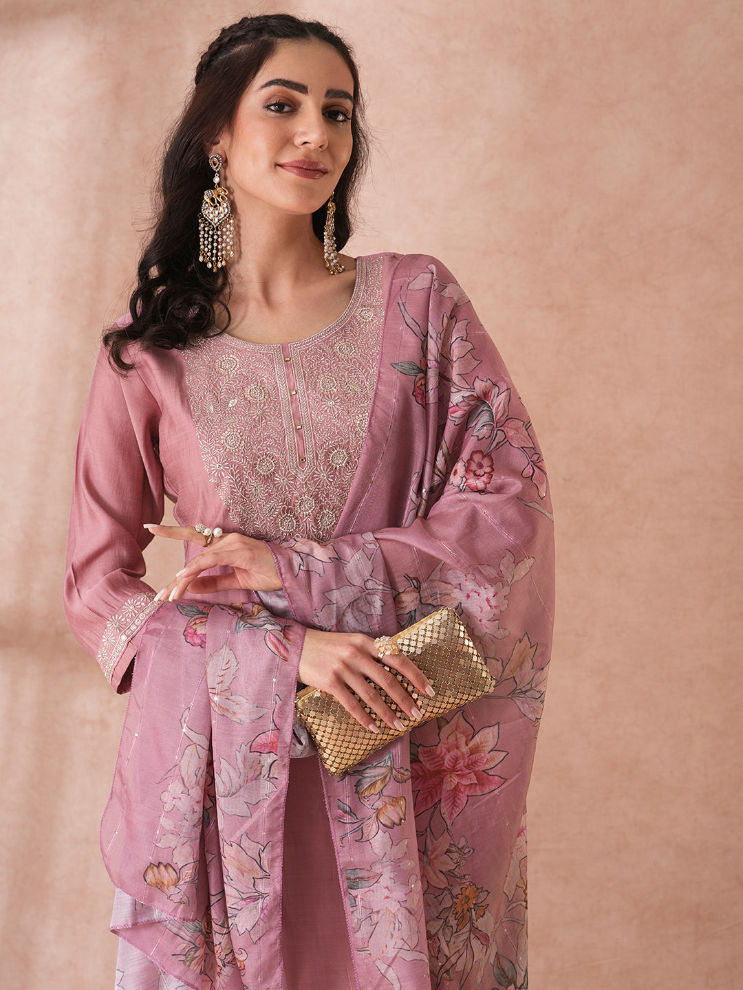 Solid Floral Embroidered Straight Fit Kurta with Pant and Floral Printed Dupatta - Rose Gold