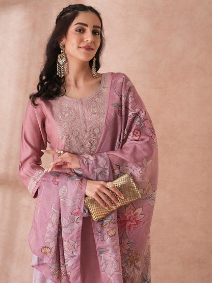 Solid Floral Embroidered Straight Fit Kurta with Pant and Floral Printed Dupatta - Rose Gold