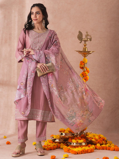 Solid Floral Embroidered Straight Fit Kurta with Pant and Floral Printed Dupatta - Rose Gold