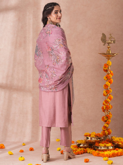 Solid Floral Embroidered Straight Fit Kurta with Pant and Floral Printed Dupatta - Rose Gold