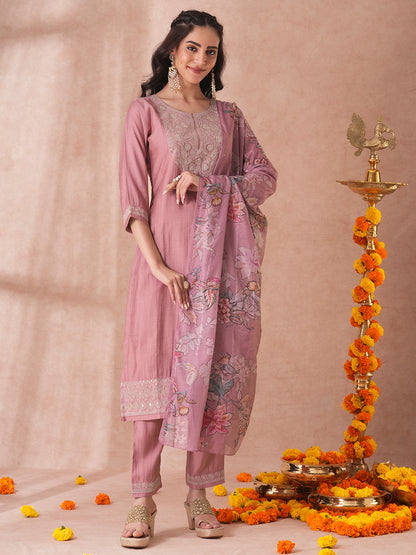 Solid Floral Embroidered Straight Fit Kurta with Pant and Floral Printed Dupatta - Rose Gold